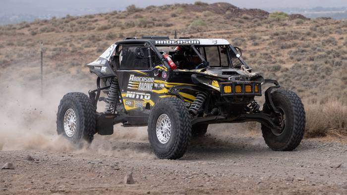 UTV Pro race vehicle number T3 at speed, Nick Anderson